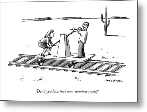 Couple Metal Print featuring the drawing A Couple With A Handcar In A Desert by Joe Dator