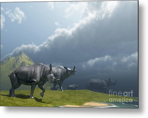 Brontotherium Metal Print featuring the digital art A Herd Of Brontotherium Dinosaurs Come by Corey Ford