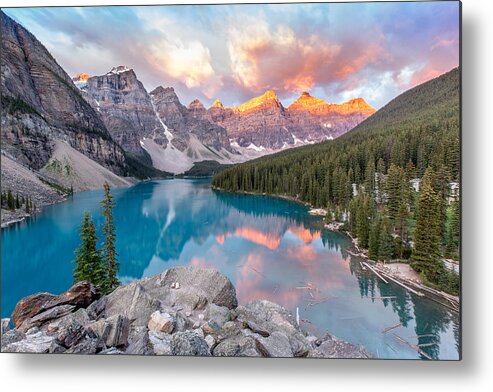 Outdoors Metal Print featuring the photograph A lake and mountains at sunrise. by Francis Yap M