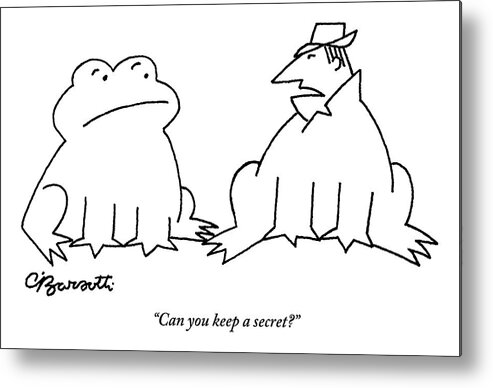 Secrets Metal Print featuring the drawing A Man In A Frog's Suit Talking And Standing Next by Charles Barsotti