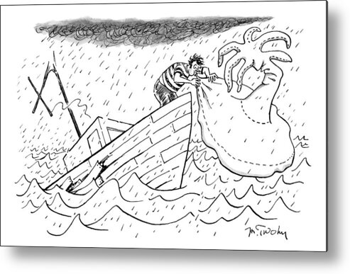 Shipwrecked Metal Print featuring the drawing A Sailor Blows Up An Inflatable Island by Mike Twohy