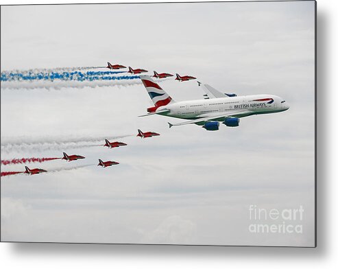 The Red Arrows Metal Print featuring the digital art A380 and Red Arrows by Airpower Art