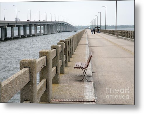 Bench Metal Print featuring the photograph Abandoned Old Bridge Alongside Newer Bridge over Choptank River at Cambridge Maryland by William Kuta