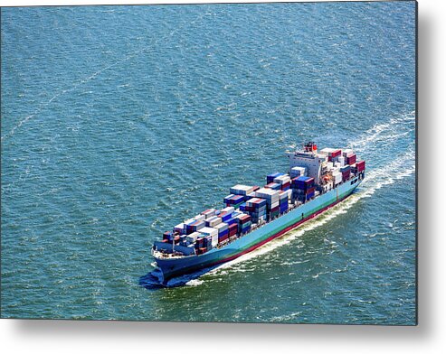 Trading Metal Print featuring the photograph Aerial View Of A Container Ship by Opla