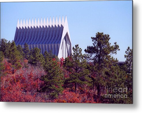 Red Metal Print featuring the photograph Air Force Academy Chapel in Autumn by Teri Atkins Brown