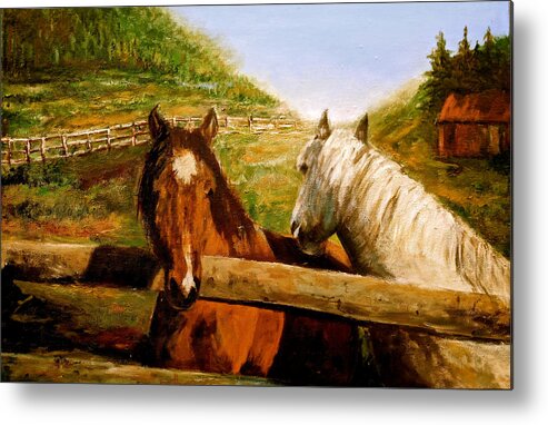 Horses Metal Print featuring the painting Alberta Horse Farm by Sher Nasser