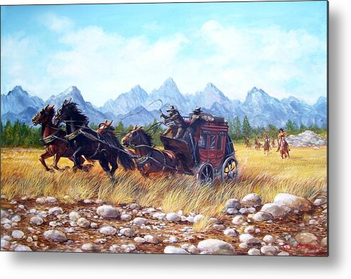 Stagecoach Metal Print featuring the painting Ambush by Perry's Fine Art