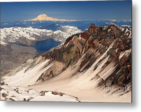 Gifford Pinchot National Forest Metal Print featuring the photograph Mount Saint Helens Crater Rim, Spirit Lake, and Mount Rainier by Tom Schwabel