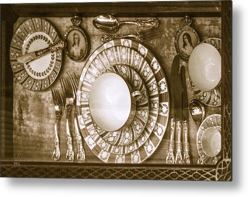 Vintage Metal Print featuring the photograph Antique Dinnerware Set In Display Cabinet by Ben and Raisa Gertsberg