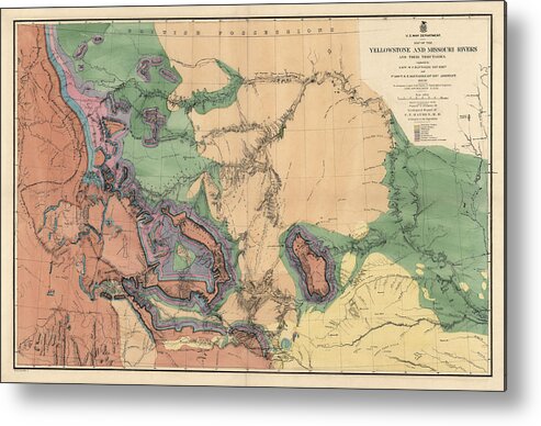 Yellowstone National Park Metal Print featuring the drawing Antique Map of the Yellowstone and Missouri Rivers by F. V. Hayden - 1869 by Blue Monocle