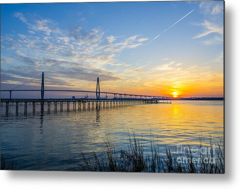 Arthur Ravenel Bridge At Sunset Metal Print featuring the photograph Calm Waters over Charleston SC by Dale Powell