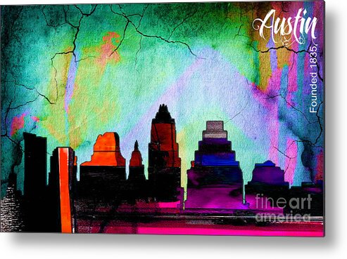 Austin Art Metal Print featuring the mixed media Austin Texas Skyline Watercolor by Marvin Blaine