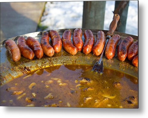Kotlovina Metal Print featuring the photograph Baked sausages in traditional dish kotlovina by Brch Photography
