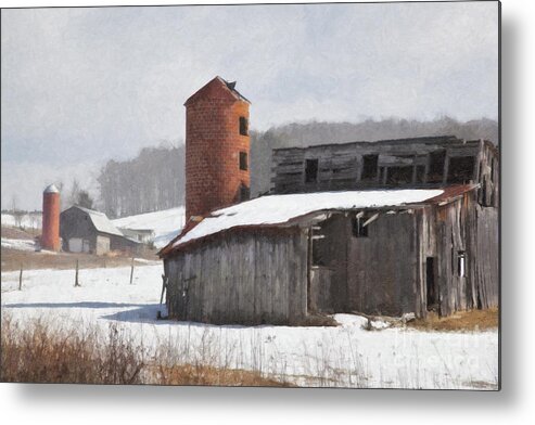 Old Barns Metal Print featuring the photograph Barns in Winter Oil Painting by Jill Lang