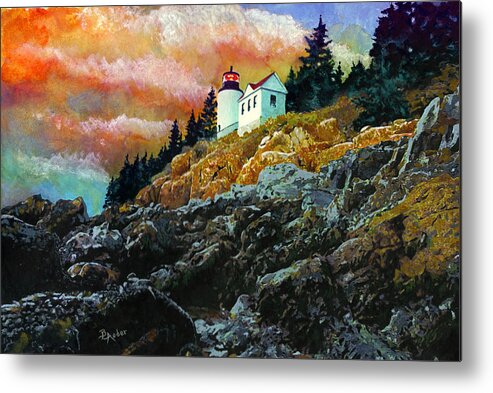 Bass Harbor Metal Print featuring the painting Bass Harbor Lighthouse Sunset by Brent Ander