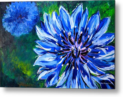 Blue Metal Print featuring the painting Batchelor Button Flower by Lisa Jaworski