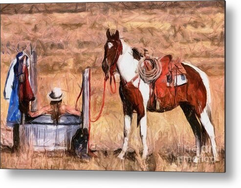 Cowgirl Metal Print featuring the painting Bathing Cowgirl by Murphy Elliott