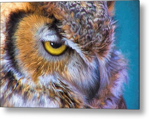 Great Horned Owl Metal Print featuring the painting Beautiful Great Horned Owl Bird Golden Eye by Tracie Schiebel