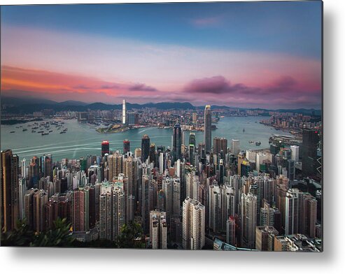 Outdoors Metal Print featuring the photograph Beautiful Sunset Sky Over City Skyline by D3sign