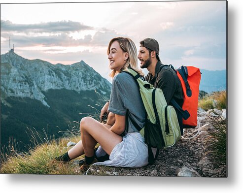 Young Men Metal Print featuring the photograph Beautiful Young Couple Relaxing After Hiking And Taking A Break by DaniloAndjus