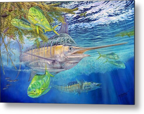 Blue Marlin Metal Print featuring the painting Big Blue Hunting In The Weeds by Terry Fox
