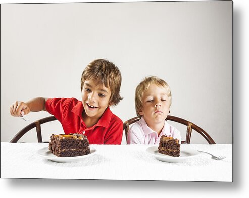 Sibling Metal Print featuring the photograph Big piece of cake and a little one, inequality concept. by Fertnig
