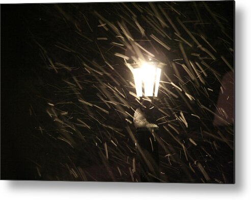 Blowing Snow Metal Print featuring the photograph Blowing Snow against Lamp by Dr Carolyn Reinhart