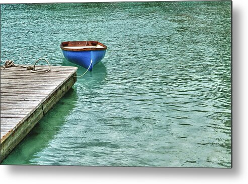 Blue Metal Print featuring the digital art Blue Boat Off Dock by Michael Thomas