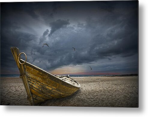 Art Metal Print featuring the photograph Boat with gulls on the beach with oncoming storm by Randall Nyhof