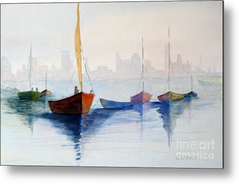 Transportation - Boats In Fog Metal Print featuring the painting Boats Against the Skyline by Sandy Linden