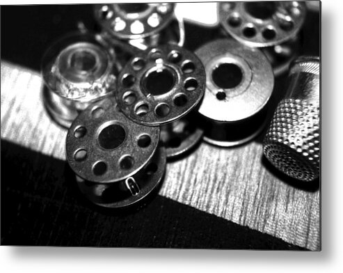 Vintage Sewing Machine Accessories Metal Print featuring the photograph Bobbins 2 BW by Lesa Fine
