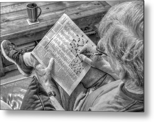 Sunday Crossword Puzzle Metal Print featuring the photograph Mind Games - Sunday Crossword Puzzle - Black and White by Jason Politte