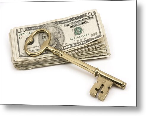American Currency Metal Print featuring the photograph Brass Key To Success On Pile Of American Money by Keith Webber Jr
