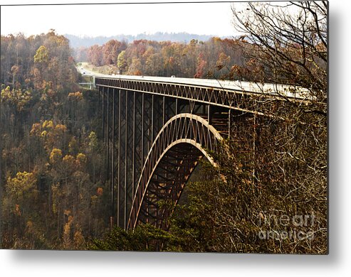 Bridge; Gorge; River; Autumn; West Virginia; Nature; Landscape; Scenic; Architecture; Arch; Suspension; Transportation; Road; Tourism; Highway; Mountains; Structure; Canyon; High; Travel; Tree; Metal; Historic; Sky; Beautiful; Landmark; Adventure; Forest; Crossing; Huge; Valley; Large; Scene; Waterway; Impressive; Industrial; Traffic; Tall; Cliff; Beauty; Colorful; Outdoor; Park; Scenery; Technology; Overpass; Transport; Freeway; Hills Metal Print featuring the photograph Bridge by Blink Images
