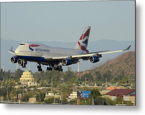 Airplane Metal Print featuring the photograph British Airways Boeing 747-436 G-BNLX landing Phoenix Sky Harbor March 10 2015 by Brian Lockett