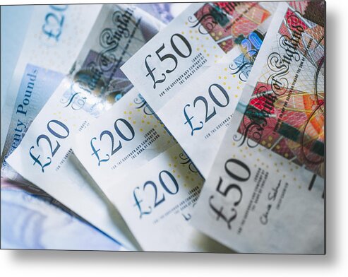 Fifty Pound Note Metal Print featuring the photograph British pound banknotes by Photography taken by Mario Gutiérrez.