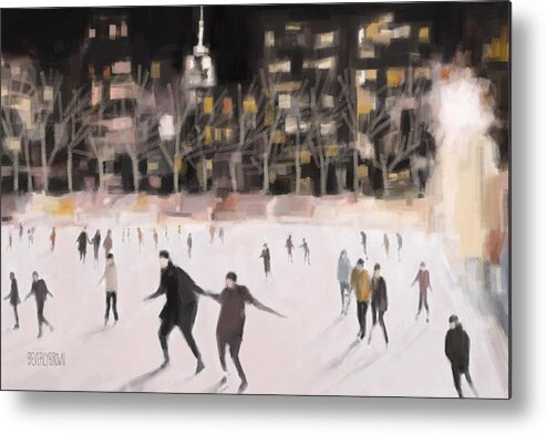 New York Metal Print featuring the painting Bryant Park Ice Skaters New York at Night by Beverly Brown