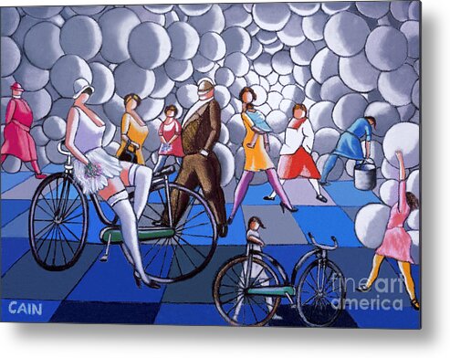 Bubble Sky Metal Print featuring the painting Bubbles And Bikes by William Cain