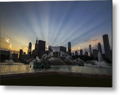 Chicago Skyline Metal Print featuring the photograph Buckingham Fountain with rays of sunlight by Sven Brogren