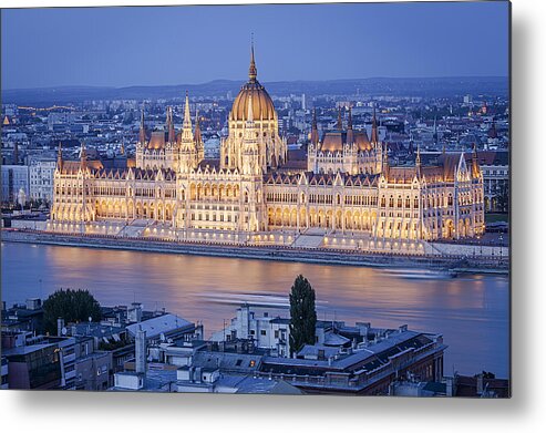 Town Metal Print featuring the photograph Budapest Parliament at night by Pedre