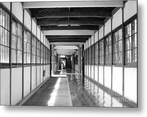 Black And White Metal Print featuring the photograph Buddhist Temple in Black and White - Passageway by Beverly Claire Kaiya
