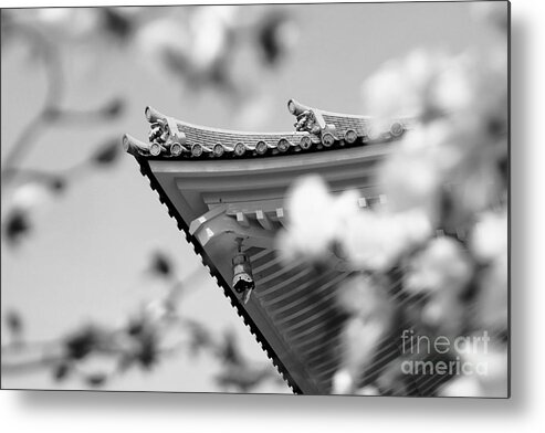 Roof Metal Print featuring the photograph Buddhist Temple in Black and White - Roof Tile Details by Beverly Claire Kaiya