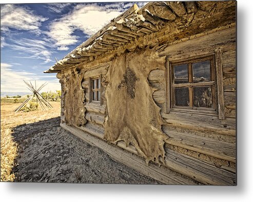 Old Trading Post Co.fine Art Photography. Mixed Media Trading Post Photography. Indian Trading Post Co. Cowboy And Indian. Buffalo Trading Post. Mixed Media Indian And Cowboy. Mixed Media Indian Photography. Blue Sky. Old Log Cabin. Old Trading Post Photography. Buffalo Hides. Mountain Men Colorado. Mountain Men And Indian Colorado. Mixed Media Fine Art Photography Colorado.clouds Metal Print featuring the photograph Buffalo Hide on Trading Post Colorado by James Steele