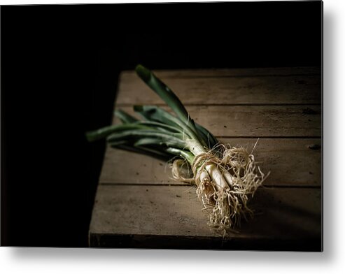Black Background Metal Print featuring the photograph Bunch Of Spring Onions Tied With by Westend61