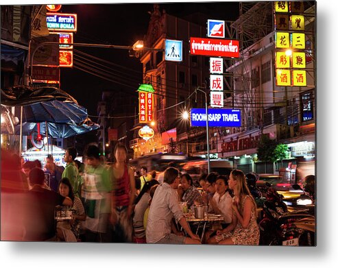 Three Quarter Length Metal Print featuring the photograph Bustling Street In Chinatown At Night by Gary Yeowell