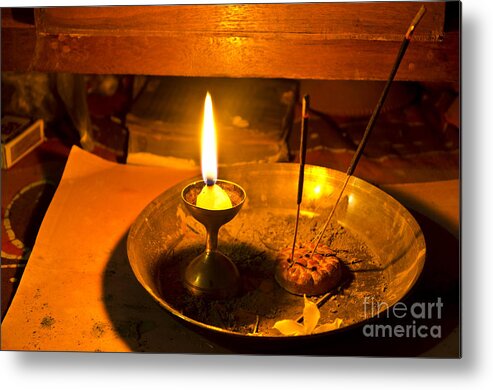 Abstract Metal Print featuring the photograph Candle and incense sticks by Geet Anjali
