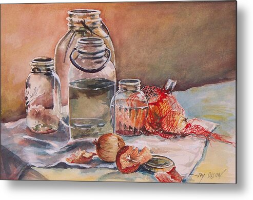 Still Life Metal Print featuring the painting Canning Jars and Onions by Joy Nichols