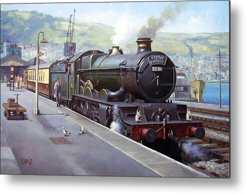 Train Metal Print featuring the painting Castle at Kingswear 1957 by Mike Jeffries