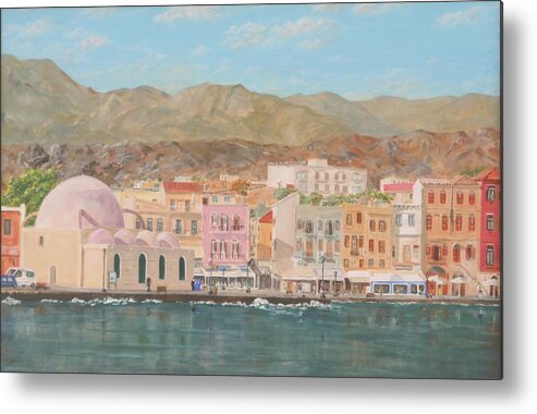 Chania Metal Print featuring the painting Chania harbour early summer morning by David Capon