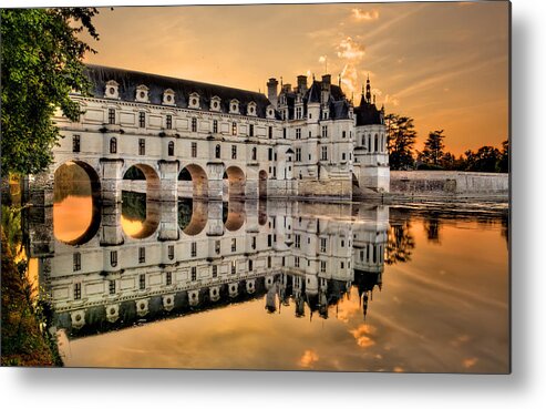 Chateau De Chenonceau Metal Print featuring the photograph Chenonceau Castle in the twilight panorama by Weston Westmoreland